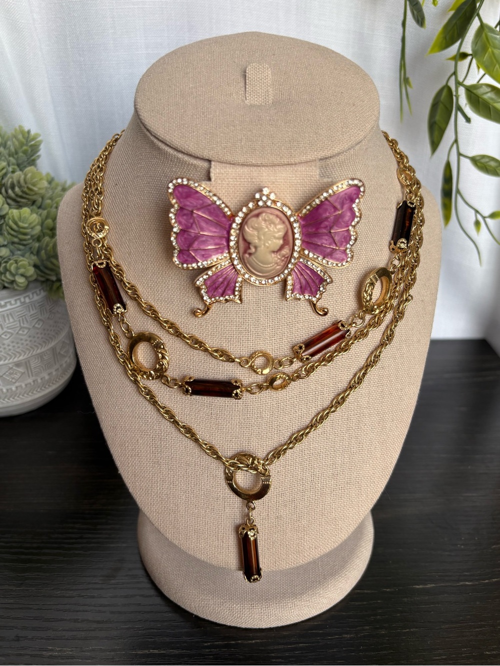 Vintage Sarah Coventry 2 Pc Set Amber Glass Station Lariat Chain Necklace